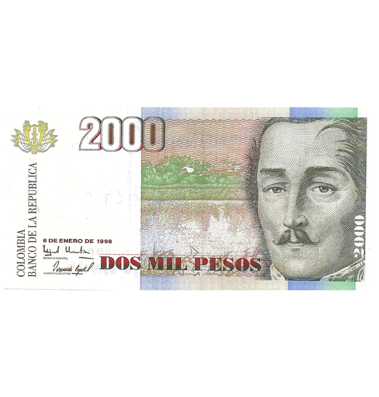 Colombia 2.000 Pesos 1998. Formato grande(Logo granada). Número bajo 319